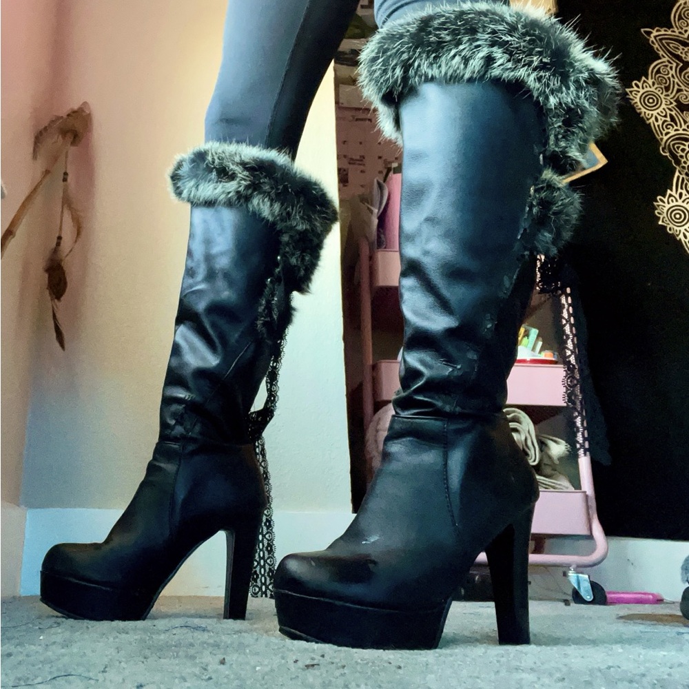 Fur thigh high boots